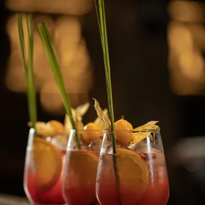Tres copas de coctel rojo con hielo, decoradas con uvilla, rodaja de naranja y hierba luisa, sobre la barra.
