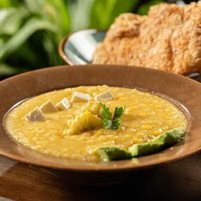 Plato hondo de barro con sopa cremosa de choclo, cubos de queso fresco y lamina de aguacate.